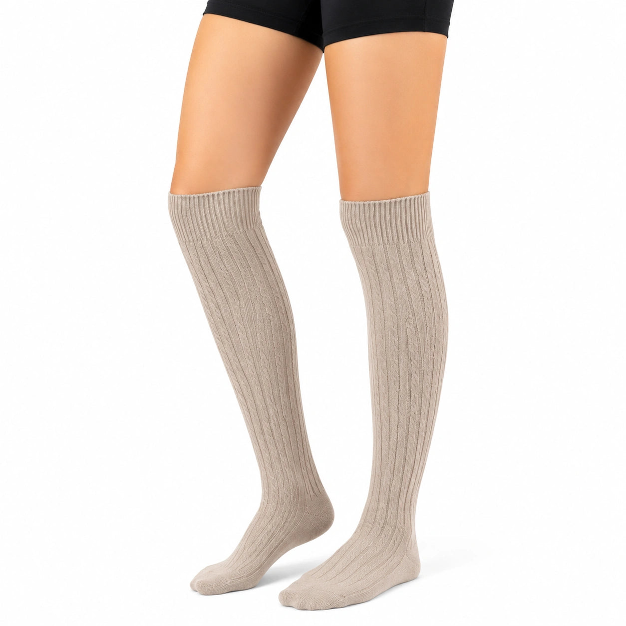 Chaussettes hautes 39-42 beige en maille côtelée style classique