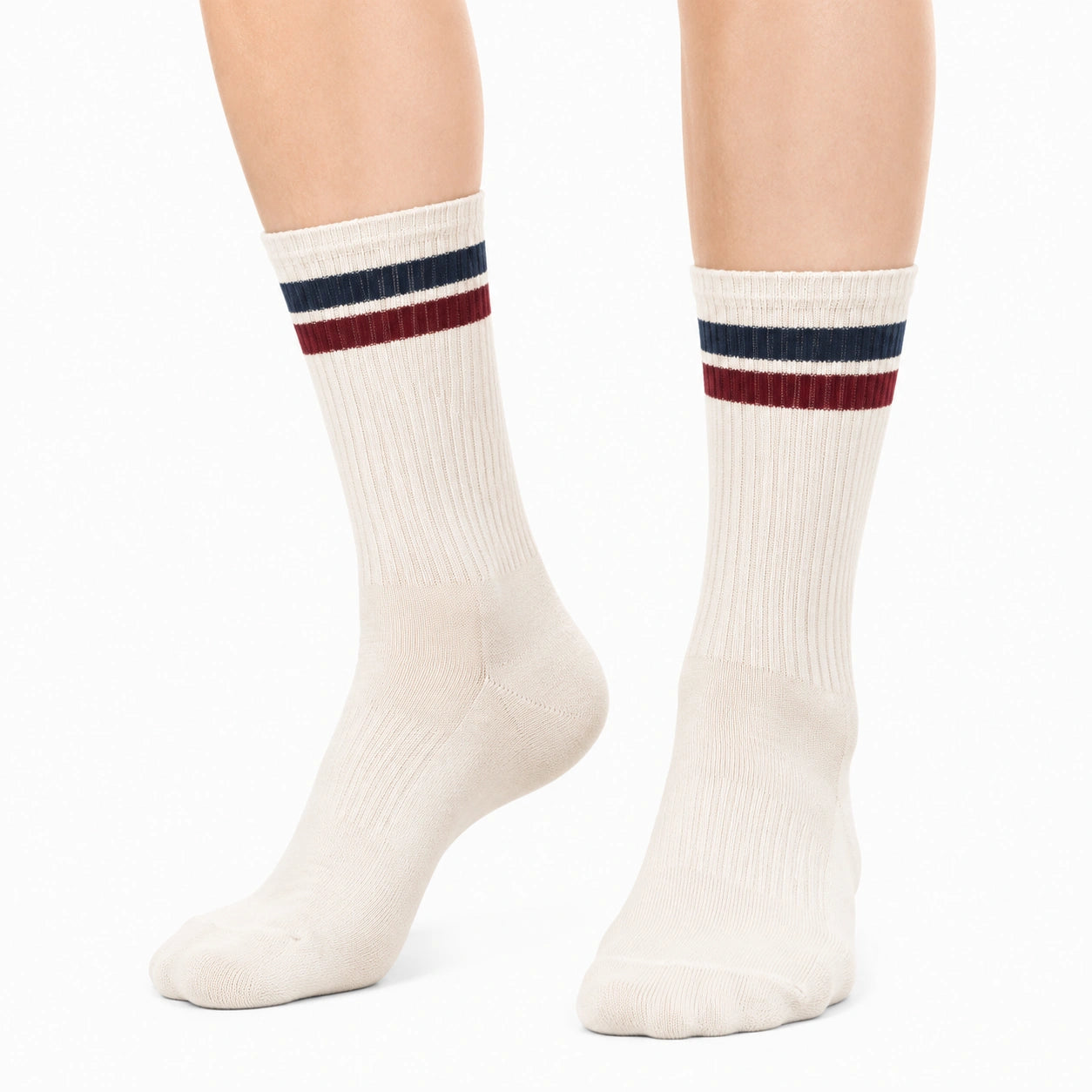 Chaussettes mi-mollet 39-42 en maille écrue à rayures bleu marine et bordeaux style sport
