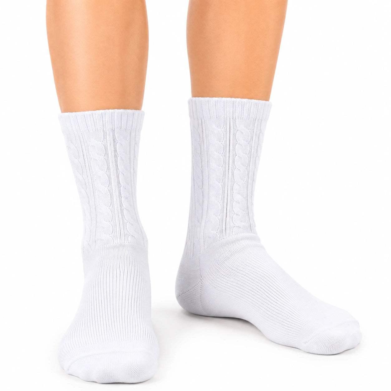 Chaussettes 35-38 blanches en maille torsadée mi-mollet classique